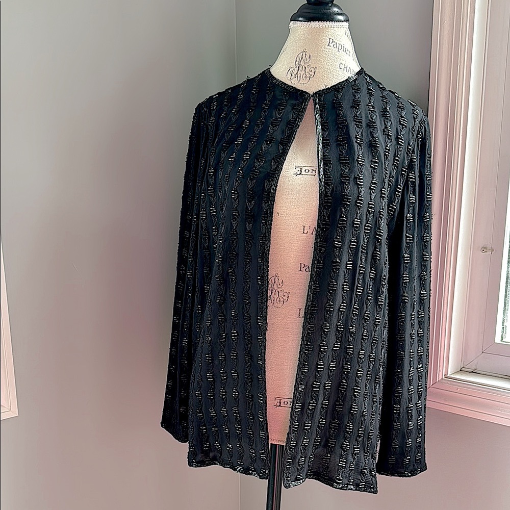 Vintage Niteline silk beaded & embroidered long sleeved open jacket EVC size M